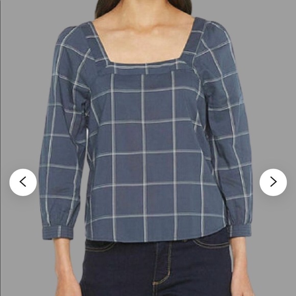 a.n.a Top Plaid Square Neckline Balloon 3/4th Button Sleeve Striped Blouse - Picture 1 of 8